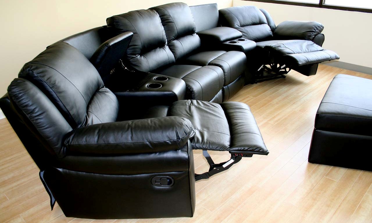 HOME THEATER SEATING BLACK GENUINE REAL LEATHER SECTIONAL