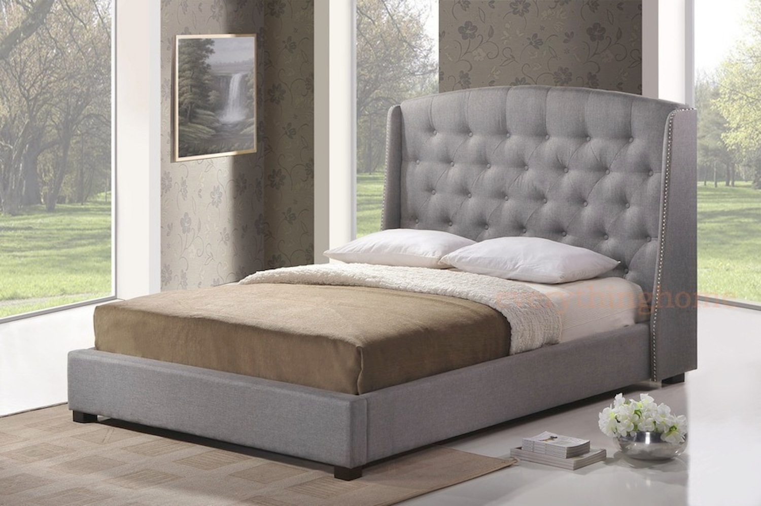 GRAY GREY LINEN QUEEN PLATFORM BED FRAME W/ TUFTED WINGBACK NAIL HEAD