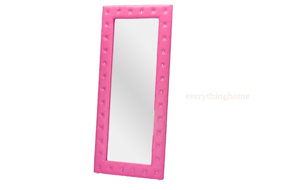 Modern Faux Leather Faux Crystal Tufted Floor Mirror White Black