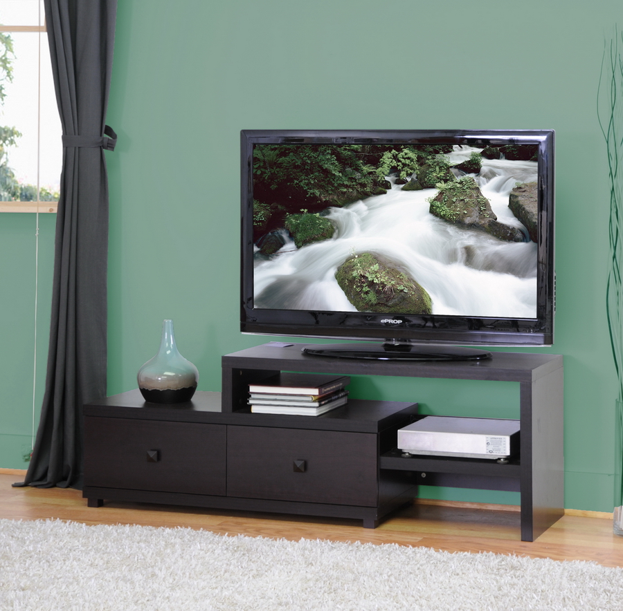 DARK BROWN VENEER MODERN WOOD ASYMMETRICAL HD TV STAND MEDIA CONSOLE 