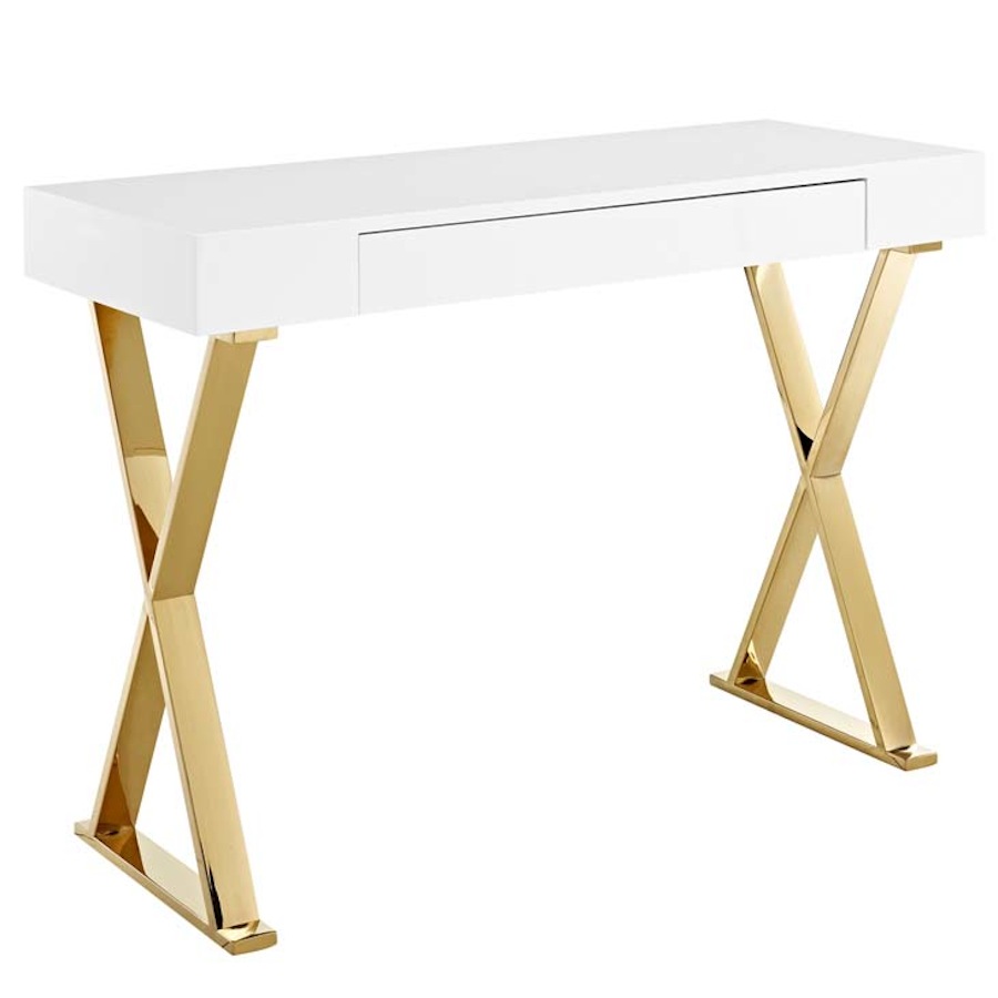 Modern High Gloss White Gold Office Study Writing Desk 1 Drawer
