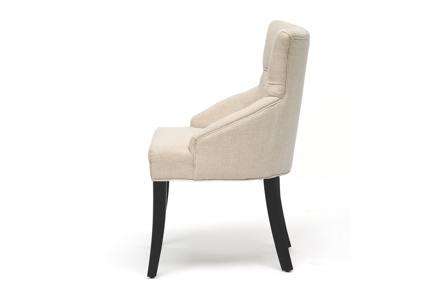 2 Modern Traditional European Beige Linen Fabric Dining Chairs Black Wood Legs