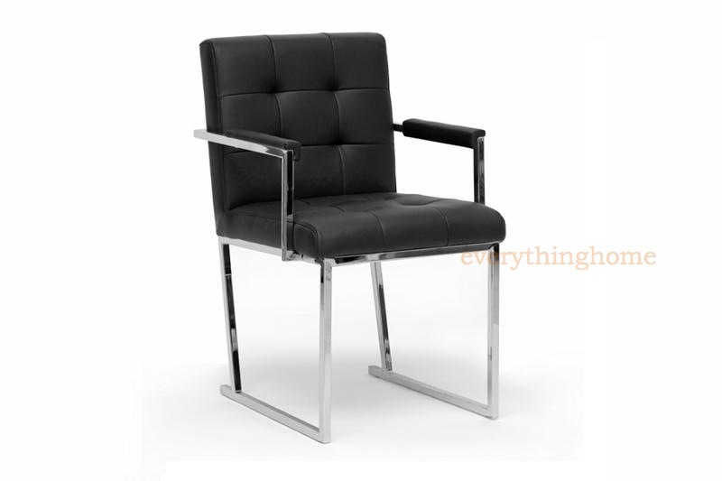 Black Leather Mid Century Modern Accent Waiting Room Office Chair Steel Frame