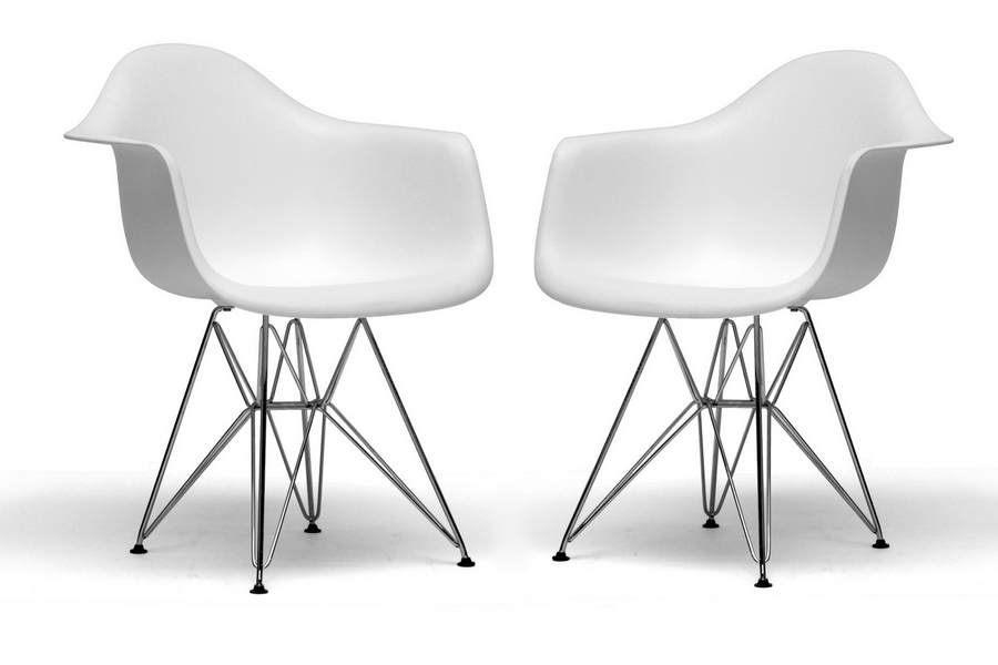 Set Of 2 White Eiffel Eames Style Shell Dining Arm Chairs Wire Leg